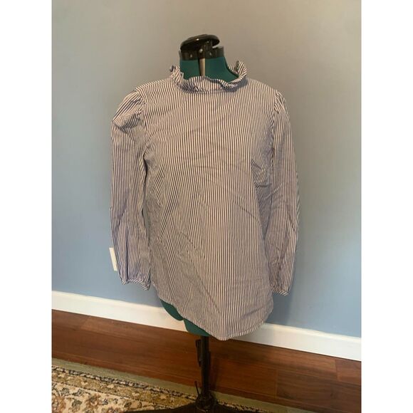 J. Crew Blue and White Striped Ruffle Neck Long Sleeve Blouse, size S - Picture 1 of 4